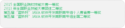 2015全国职业院校技能大赛一等奖2013年全国职业技能大赛团体二等奖第五届“蓝桥杯”JAVA软件开发高职高专组个人赛省赛一等奖第五届“蓝桥杯”JAVA软件开发高职高专组全国二等奖